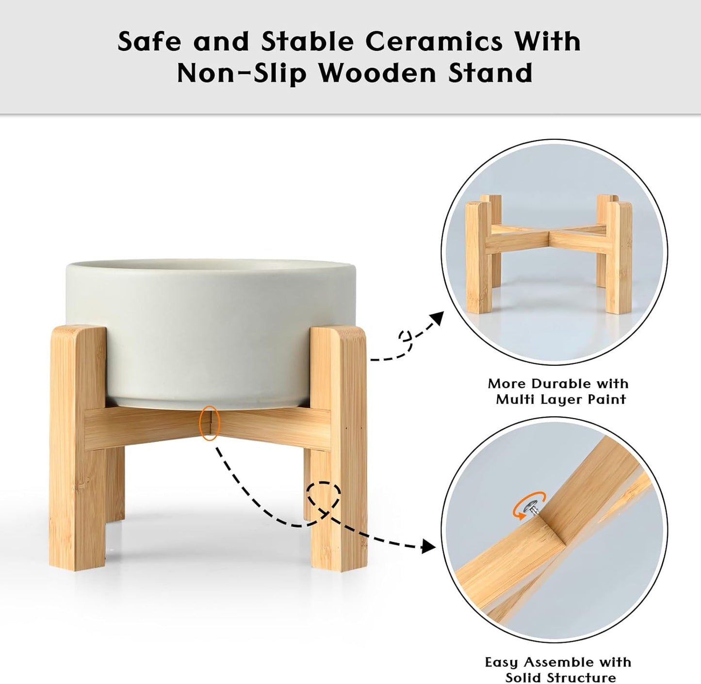 SPUNKYJUNKY Ceramic Elevated Dog Bowls 2 Pack - 5.1inch Raised Dog Bowls with Non-Slip Wooden Stand for Small Dogs Dishwasher Safe(Grey,13.5OZ*2)