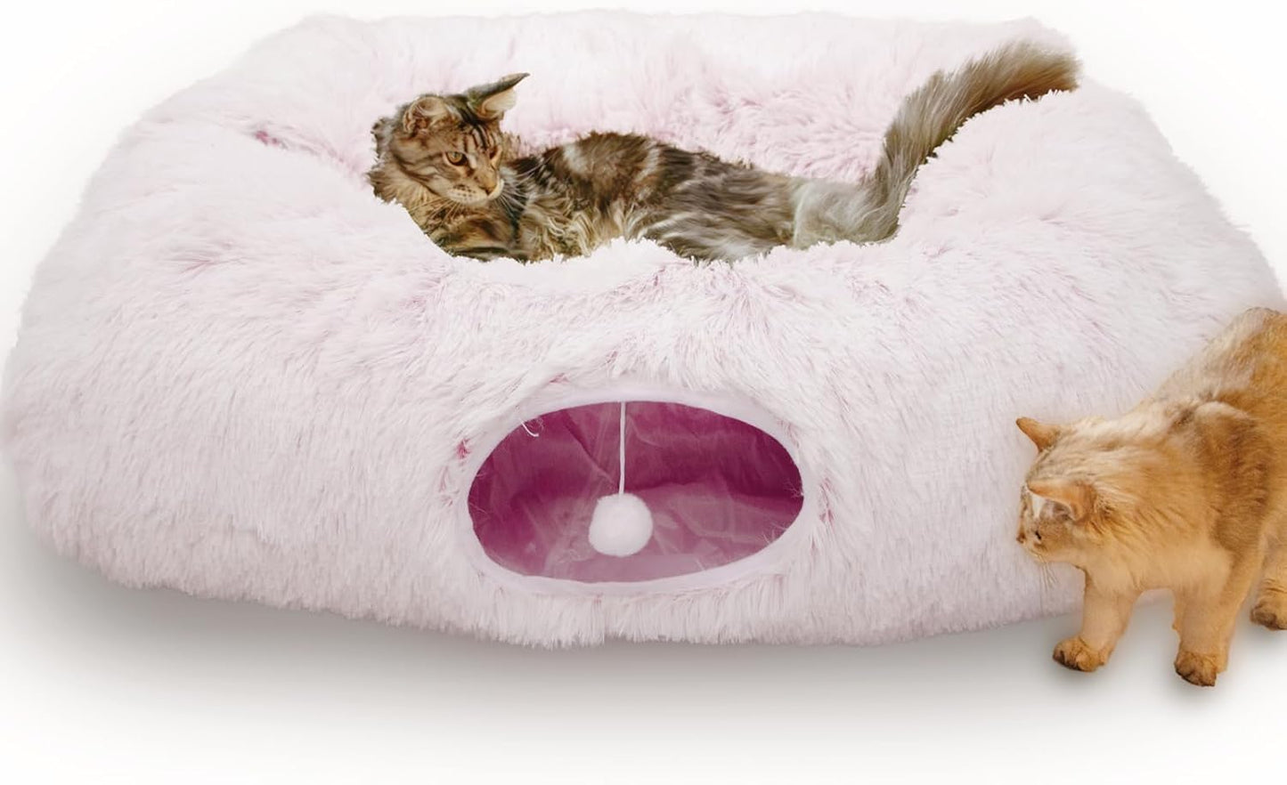 XxingSheep Extra Large Cat Tunnel Bed for Indoor Cats Peekaboo Cat Cave Donut with Center Mat,Pinkish White