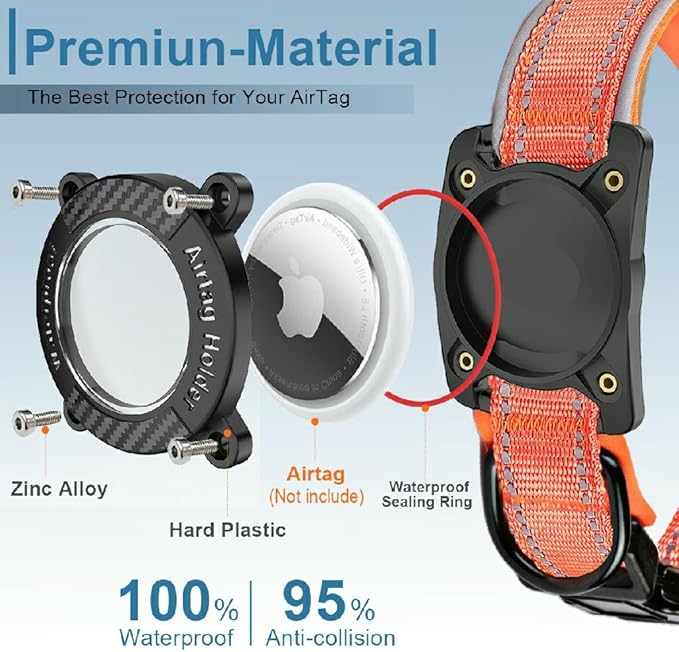 Upgraded AirTag Dog Collar, IP68 Waterproof Dog Collar with Apple Air Tag Holder, Reflective Adjustable Heavy Duty Dog Collars with Soft Padded for Small, Medium and Large Dogs,Orange, S