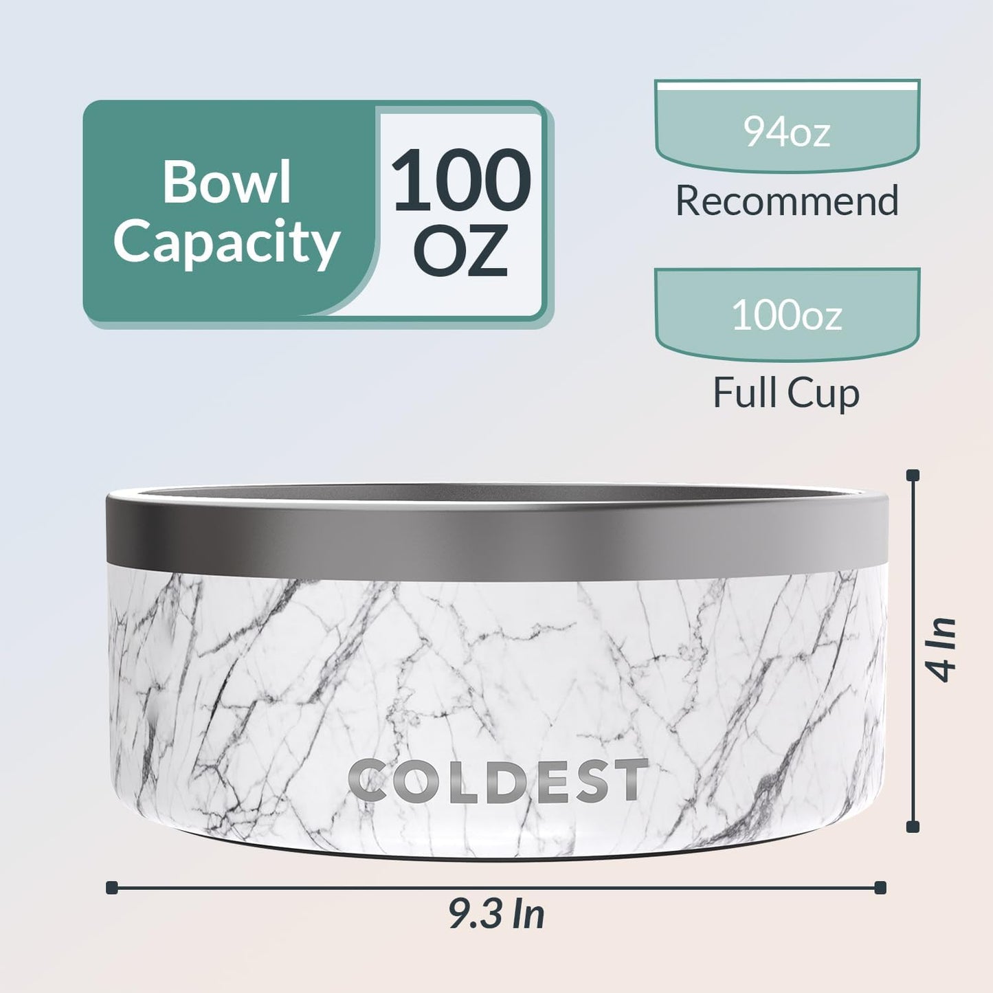 Coldest Dog Bowl - Anti Rust Metal, Non Slip, 3 Layers Insulated Stainless Steel Dog Bowls - Spill Proof & Heavy Duty - Water Bowl for Dogs, Cats & Pets, Dish Washer Safe (100 oz, Carrara Marble)