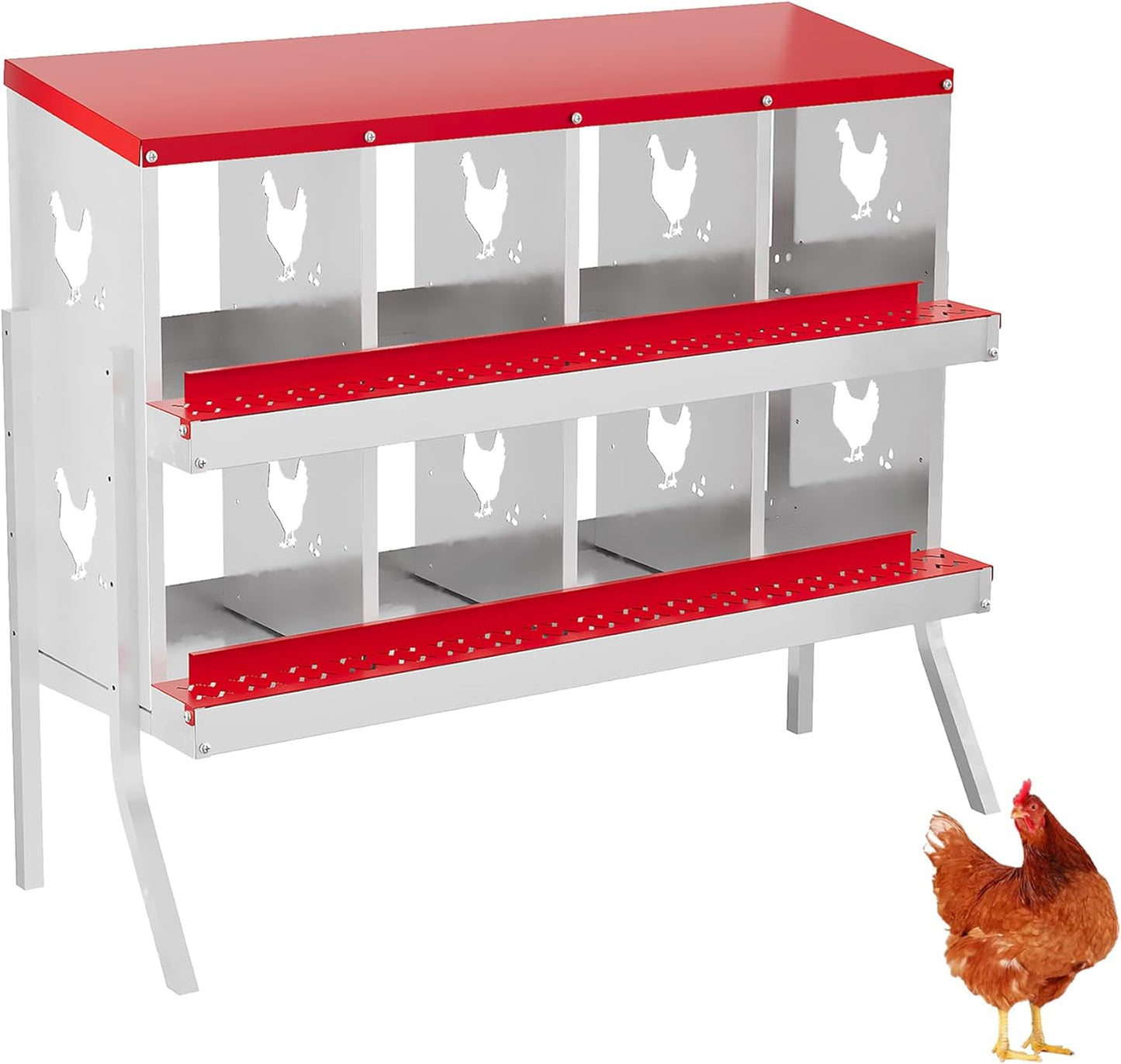 8 Hole Chicken Nesting Box with Roll Out Egg Tray, Rustproof & Ventilated Chicken Laying Boxes for Hens, Chickens, Ducks | Easy-Clean Poultry Coop Accessories, Red with Stand