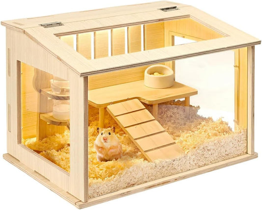 Small Wooden Hamster Cage for Dwarf Hamsters, 15.8" Portable Habitat with Acrylic Panels & Openable Top, Includes Water Bottle & Platform for Robo, Winter White Hamsters & Campbell’s Dwarf Hamsters