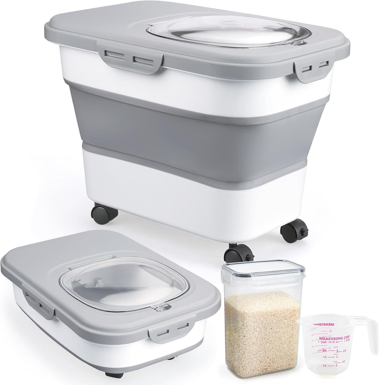 Rice Storage Containers, Collapsible 20 to 30Lbs Food Storage Bin Dispenser with Rolling Wheel and Clear Airtight Lid, BPA Free Flour, Sugar, Cereal and Dog Cat Pet food Containers