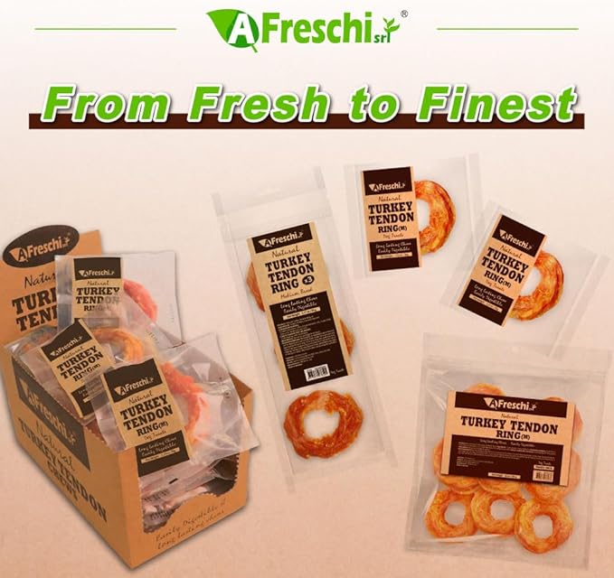 Afreschi Turkey Tendon for Dogs, Dog Treats for Signature Series, All Natural Human Grade Puppy Chew, USA-Sourced Turkey Tendon, Hypoallergenic, Rawhide Alternative, 20 Units/Box Ring (Medium)