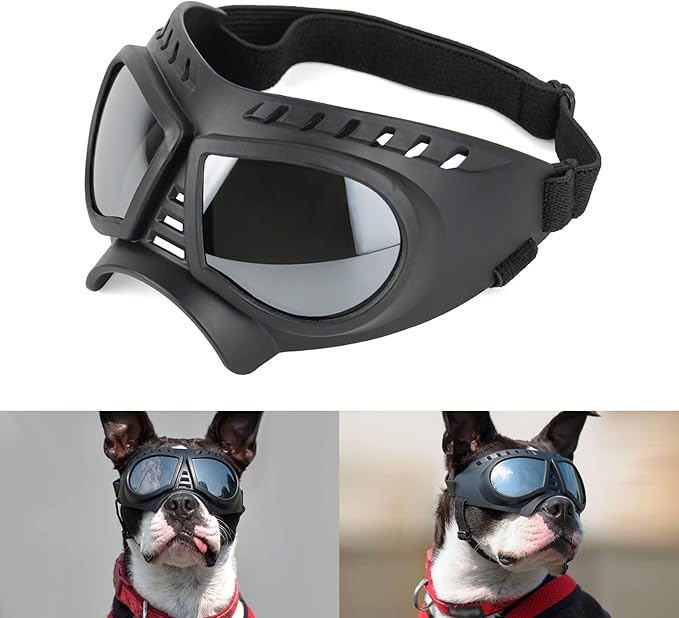 Small Dog Goggles Windproof for Small-Medium Breeds Dog Sunglasses Anti-UV with Adjustable Straps - Silver