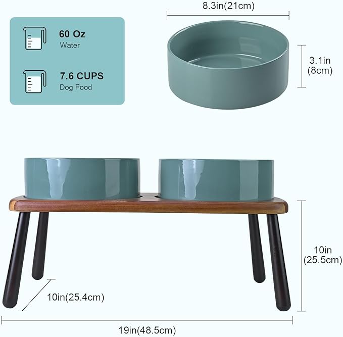 SPUNKYJUNKY Ceramic Elevated Dog Bowls Raised with Acacia Bamboo Wooden Stand, 8.3'' Dog Food Water Bowls Set Non-Slip for Medium Large Sized Breed Microwave Dishwasher Safe - 60 OZ,Dark Green