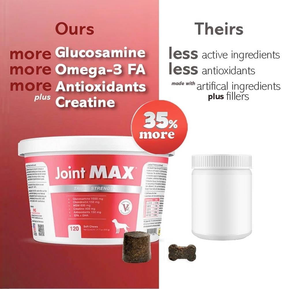 TS Joint Supplement Vet Formulated Pain & Inflammation Relief Treats Hip Dysplasia & Arthritis, Glucosamine, Chondroitin, Turmeric, MSM, HA, Creatine, Omega 3 EPA + DHA.120 Soft Chews