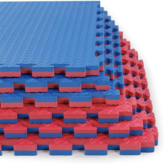 Xspec 1" Extra Thick 48 sq ft Reversible EVA Gym Foam Floor Mat Tiles (24" x 24"), Steel Pattern, 12 pcs, Blue & Red