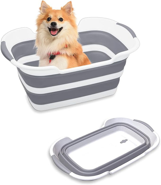 Collapsible Pet Bathtub, 7.1 Gal (27L) - Foldable Bathing Tub with Drain Plug for Dogs & Cats Under 30 lbs - Multi-Use as Laundry Basket, Storage Organizer, Camping Sink (Grey)