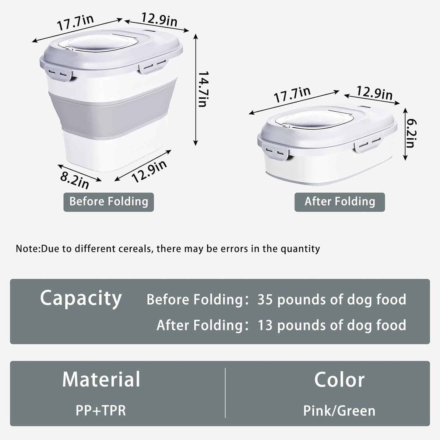 Cereal Rice Food Storage Containers, Collapsible 20 to 50 Lbs Dispenser Bin with Rolling Wheel Airtight Locking Lid, Dog Pet Cat Flour Sugar Plastic Leakproof Sealable Large Kitchen Pantry Holder