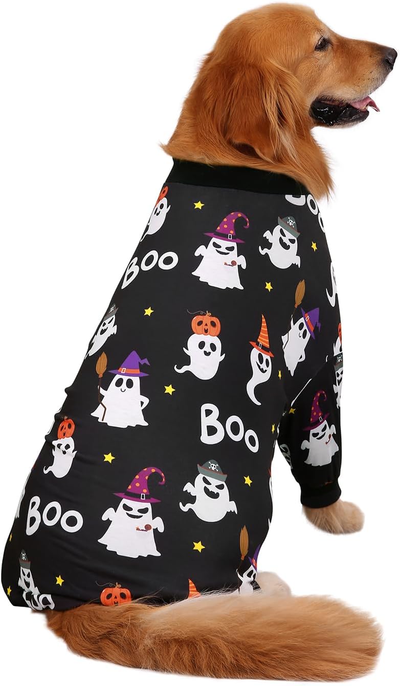 HDE Dog Pajamas One Piece Jammies Jumpsuit Pet Clothes Outfit Stretchy Lightweight Comfy Shirt Pjs for M-3XL Dogs Cute Ghosts - L