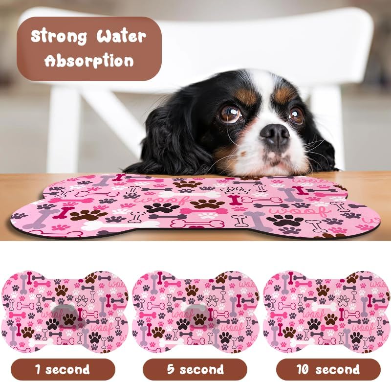 Dog Food Mats for Floors Waterproof, Pet Feeding Absorbent Water Bowl Mat Cat Placemats Pink Bone Shape 19 * 12 inch