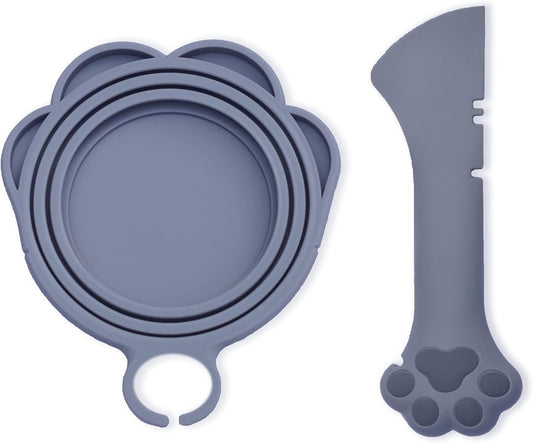 Meow&Woof Cover for Pet Can Food/Cat Wet Food Spoon/Lid for Dog Cans/Cute Paw Shape One Lid One Spoon Pack (Gray)