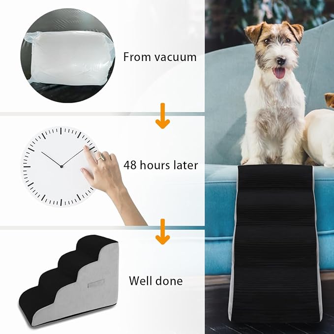 High Density Foam Dog Stairs Steps, Non-Slip Extra Wide Deep Pet Steps for Beds Or Couches, for Injured or Older Pets Dogs and Cats with Joint Pain (4-Tiers (Black))
