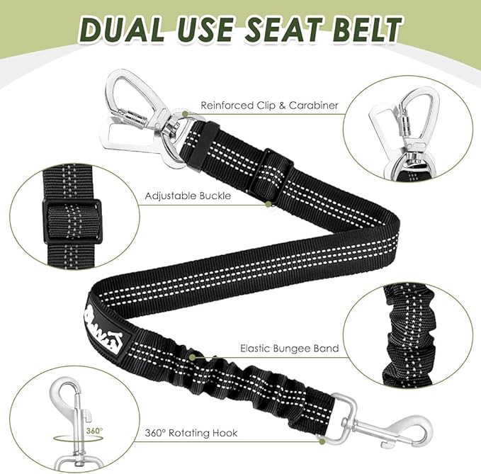 SlowTon Dog Seat Belt Harness for Car, Dog Car Harness Adjustable Mesh Breathable & Dog Seatbelt Safety Tether with Elastic Bungee for Small Medium Large Pets(Black, Double Clip, L)