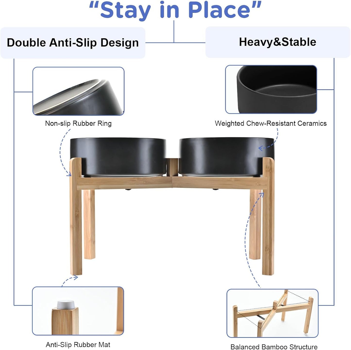 SPUNKYJUNKY Elevated Dog Bowls Ceramic, 8.3'' Dogs Food Water Bowls Raised with Non-Slip Bamboo Stand for Large Sized Breed Microwave Dishwasher Safe - 60 OZ,Black