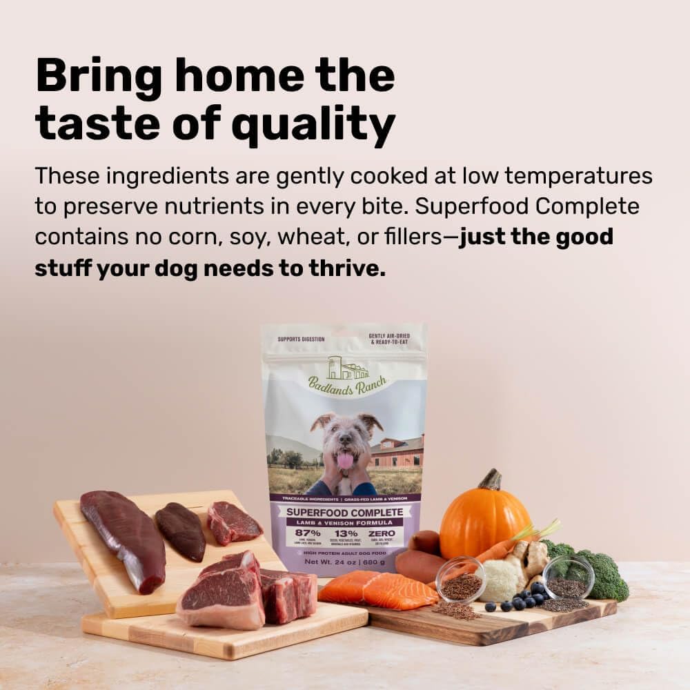 BADLANDS RANCH by Katherine Heigl- Superfood Complete, Air-Dried Adult Dog Food - High Protein, Zero Fillers, Superfood Nutrition (64 Ounce (Pack of 2), Lamb & Venison)