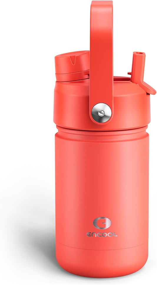 Kids Insualated Water Bottle with Straw - 12oz Stainless Steel Water Bottle with Dual Spouts, Leak-Proof, BPA-Free, Double Wall Vacuum Keeps Cold for 24 Hours for Sports, Travel, School (Tawny Orange)