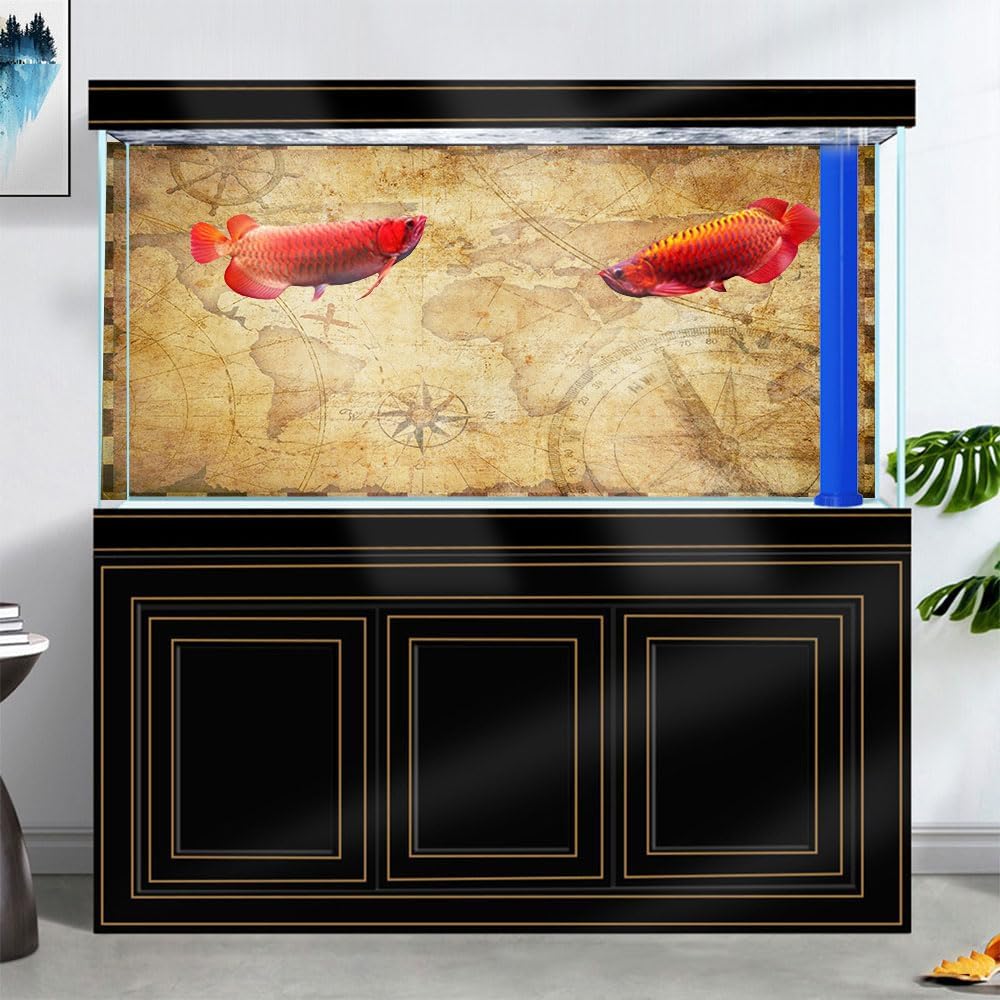 24X12IN Retro Old Travel World Map Terrarium Background, Art Parchment Pirate Treasure Map Reptile Habitat Background with 10EVA Double-Sided Tape