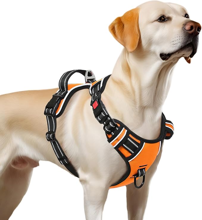 Timos Dog Harness Large Sized, No Pull with Neck Lockable Snap,No Choke Front Clip Dog Reflective Harness,Adjustable Metal Rings 3 Buckles,Easy Control Handle for Large Dogs Orange L