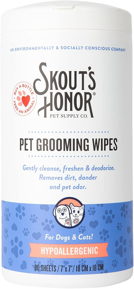 SKOUT'S HONOR Pet Grooming Wipes for Dogs and Cats - Deodorizing, Plant-Based, Biodegradable, Fragrance-Free - for Paws, Faces, Skin Folds & Bums, 80 Count