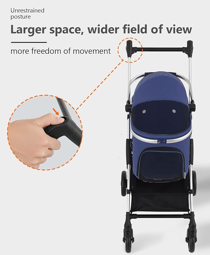 Pet Stroller with 4 Wheels for Small/Medium Pets, 3 in 1 Travel Foldable Detachable Carrier for Dog Cat Cage Jogger Stroller, Rear Wheel Breaks, Storage Basket, Car Seat (Navy Blue)