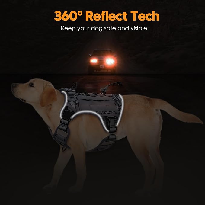 Heavy-Duty Tactical Dog Harness for Large Dogs, No Pull Adjustable Reflective Pet Vest with Molle System, K9 Military-Grade Control for Service Training, Outdoor & 10+ Breeds, Gray Camo, Large