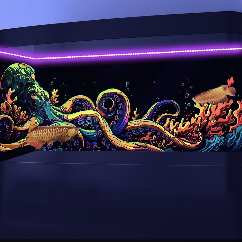 24X16IN Blacklight Octopus Sea Monster HD 3D Black Light Aquarium Background UV Reactive Background Terrarium Background with 10 EVA Double-Sided Tape