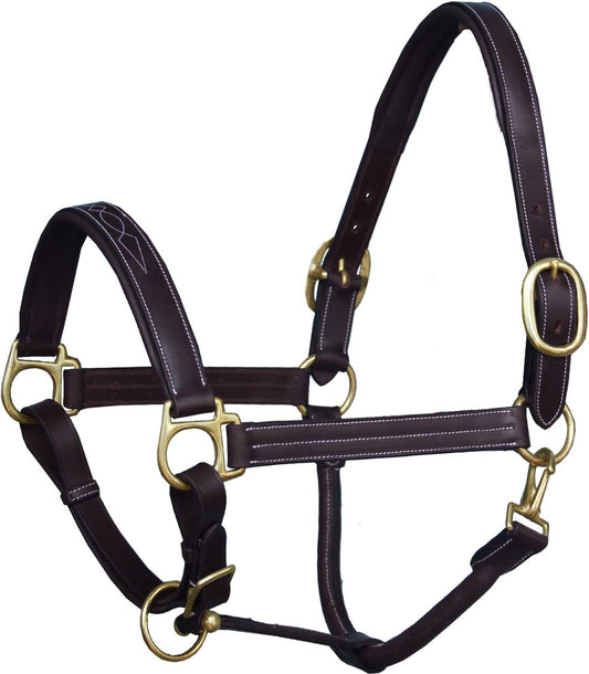 Exion Leather Horse Halter with Fancy Stitching | Black & Brown Padded Halter with Brass Hardware | Quick-Release Snap | Adjustable Leather Halter – Cob, Full, Over, Pony Sizes