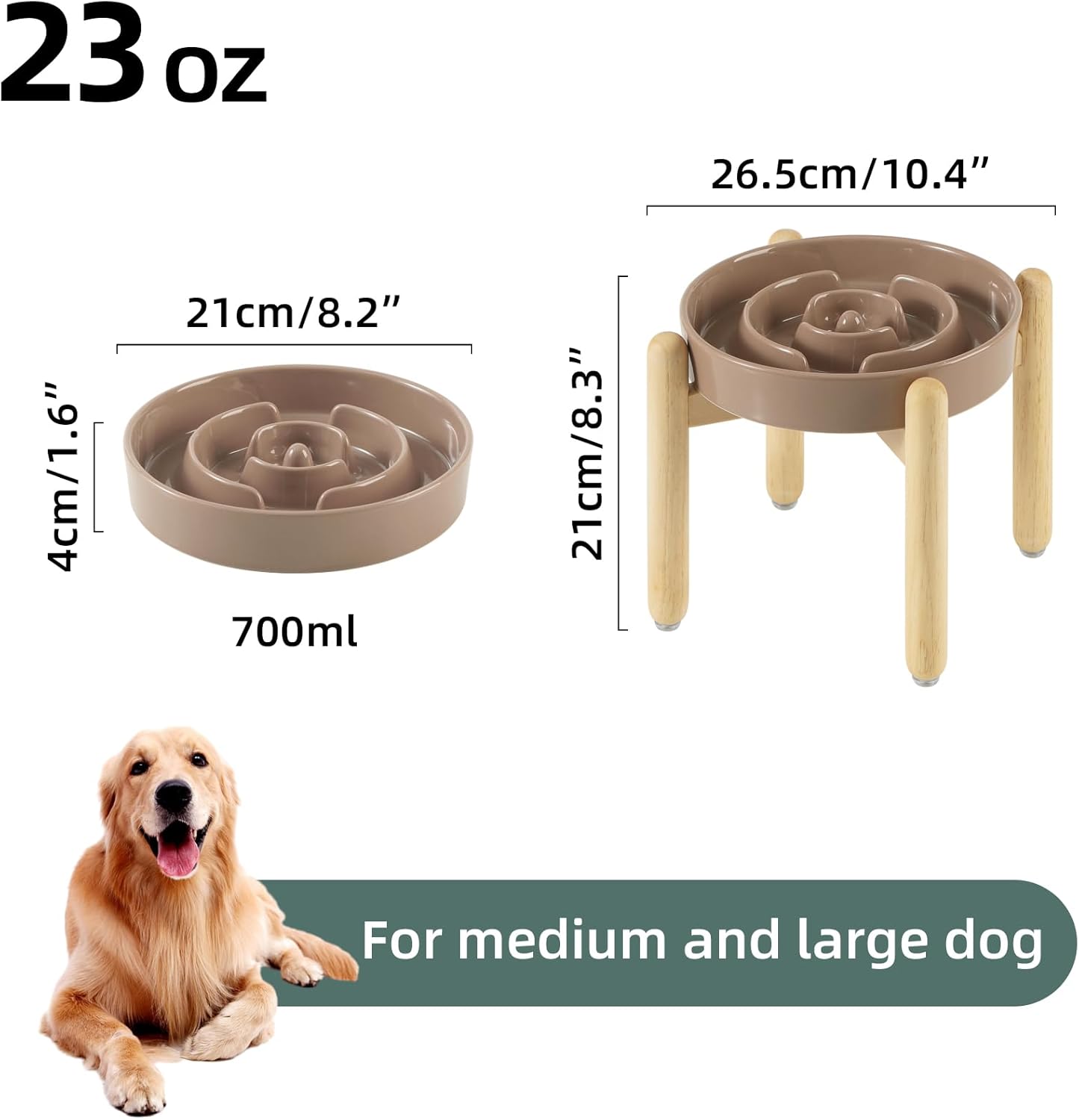 8.2inch Ceramic Raised Slow Feeder Dog Bowl Set, Elevated Wooden Stand for Large and Medium Dog, Puzzle Slow Dish, Preventing Choking(Brown Coffee, Single Bowl+ Stand)