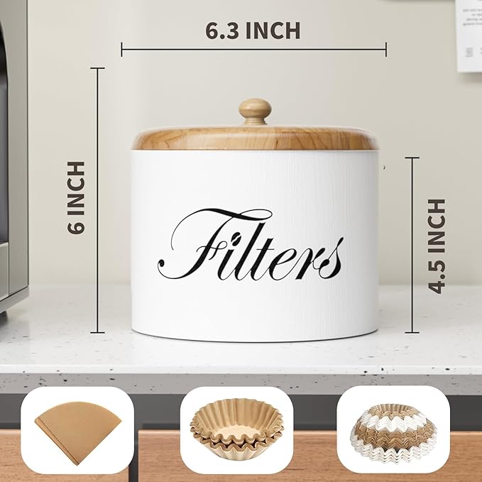 Coffee Filter Holder, Wooden Coffee Filter Storage with Lid, Round CoffeeFilterContainer for Counter, Rustic Farmhouse Bar Accessories Decor (White)
