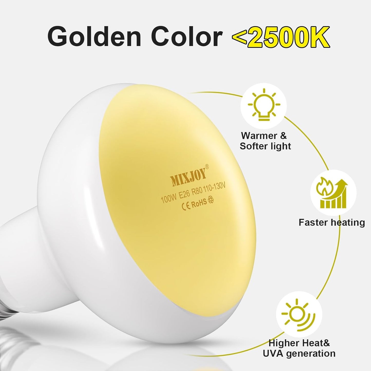 MIXJOY 2Pack Reptile Heat Lamp Bulbs 100W, 60% Intense Heat Bulb UVA Daylight Basking Spot Bulb for Reptiles, Turtle, Lizard, Tortoise, Bearded Dragon, Gecko, Chicken