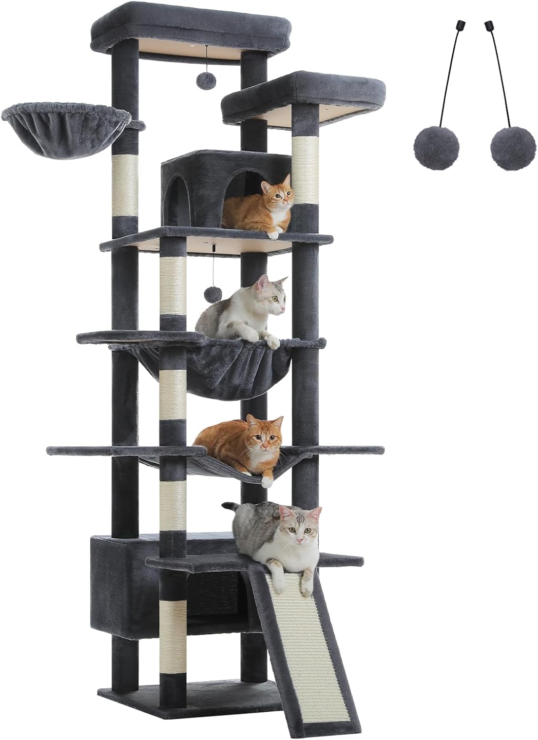 81" Heavy Duty Cat Tree for Large Cats up to 20lbs - Extra Tall Cat Tower with Metal Frame Hammock, 6 Sisal Scratching Posts, 2 Perches - Indoor Cat Furniture for Maine Coon, Dark Gray