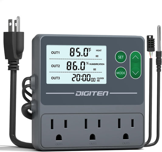 DIGITEN Temperature and Humidity Controller with Timer - 3 Outlet, 2 Separate Probes, Plug in Temperature Controller for Reptiles,Snake, Mushrooms, Tent, Triple Control for Temp,Humidity,Time