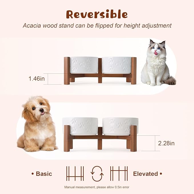 SPUNKYJUNKY Ceramic Elevated Dog Bowl Set with Acacia Wood Stand for Food and Water for Cats and Small Dogs (13.52 OZ, White, Dog Paw Pattern)