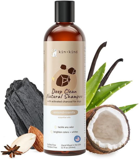 kin+kind Dog Shampoo - Deep Clean, Dirt & Odor Remover w/Activated Charcoal for Dogs, Gentle Formula w/Natural Aloe, Olive Oil & Coconut Oil, Pet Care & Grooming Products, Almond & Vanilla, 12 fl oz