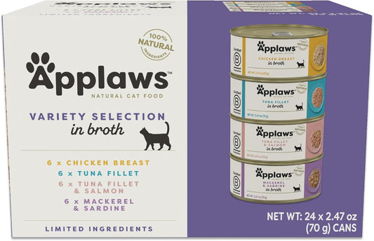 Applaws Natural Wet Canned Cat Food, Made with Limited and Natural Ingredients, Real Protein with No Artificial Additives, Variety Broth Recipe (24 Count, 2.47 oz Cans)