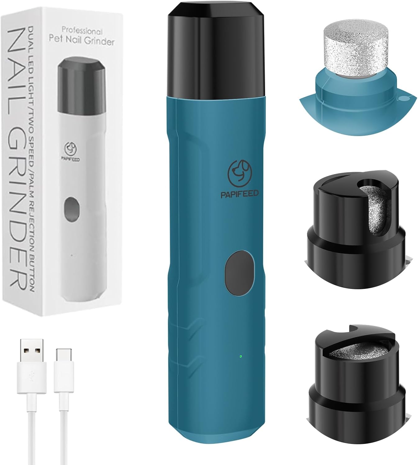 PAPIPAFFEED Dog Nail Grinder Upgraded with 2 LED Lights, 3-Speed Rechargeable & Quiet - Upgraded Electric Pet Nail Trimmer for Small Medium Large Dogs & Cats, Painless Paws Grooming Tool - Blue