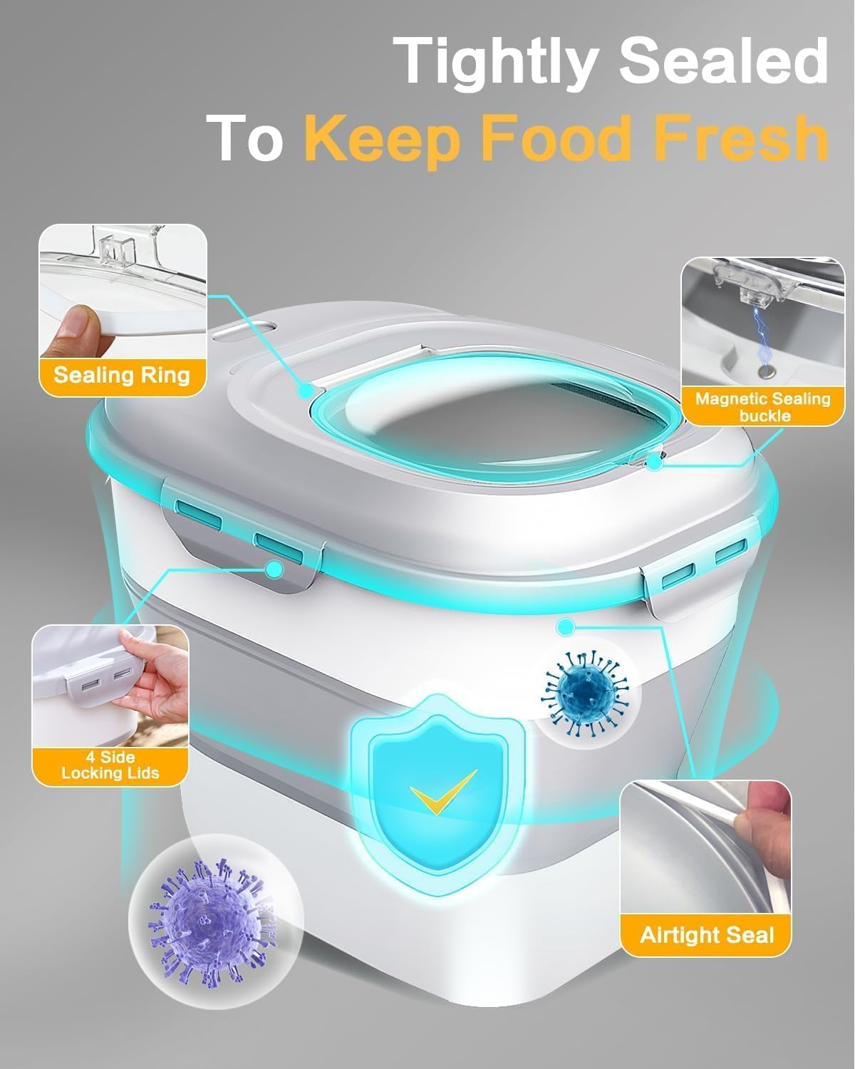 ANVS 2 Pack Dog Food Storage Container - Collapsible Cat Food Container with Airtight Lids, and Scoop,Dry Food For Dog, Cat and Other Pet Food (Grey, 10 lbs)