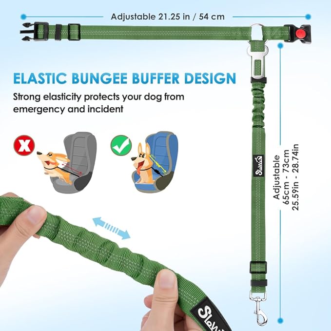 SlowTon Dog Seat Belt for Car, 2 Pack Dog Car Harness Seatbelt Adjustable with Elastic Bungee Buffer, 2 in 1 Pet Car Leash Headrest Restraint Dog Reflective Safety Tether (Green, Headrest+Clip)