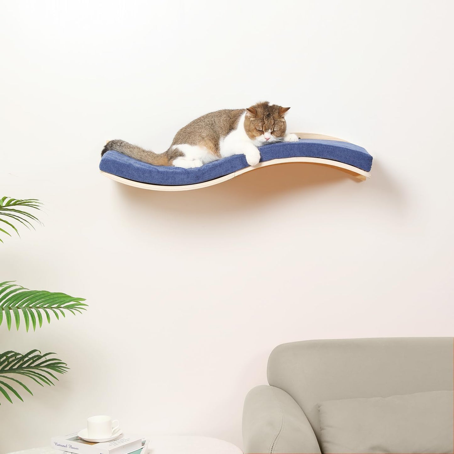 Cat Wall Shelves for Large Cats - Wall Mounted Furniture with Comfortable Cushion, Perfect Perch and Bed for Multi-Cat Households - 35 inch Wavy Shelf for Climbing, Playing, Resting, and Lounging