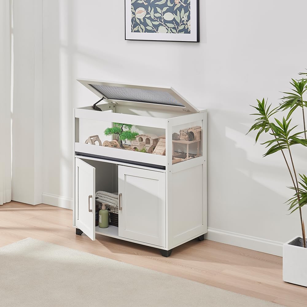 unipaws Hedgehog Cage with Storage Cabinet, Hamster Cage for Rat and Guinea Pigs, Clear Transparent PVC Visual Small Animal Cage with Tray, Hamster Enclosure, White