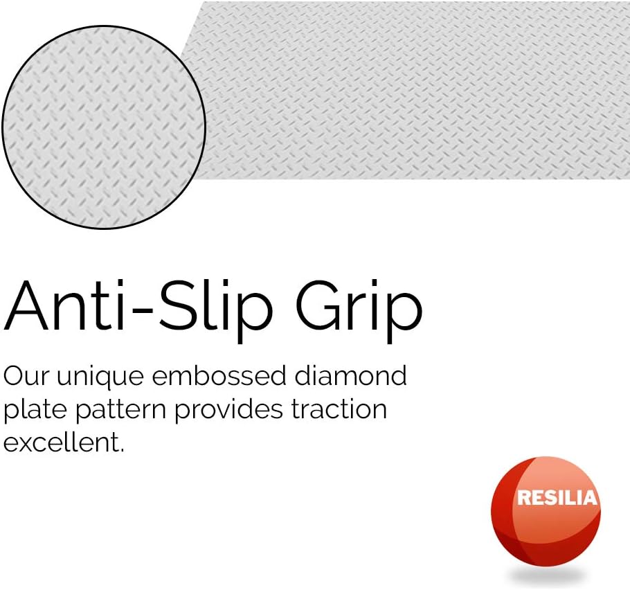 RESILIA Heavy Duty Garage Floor Runner & Protector Mat - Slip Resistant Diamond Plate PVC Mats - Water, Spill, & Stain Resistant, Silver (4 feet x 10 feet)