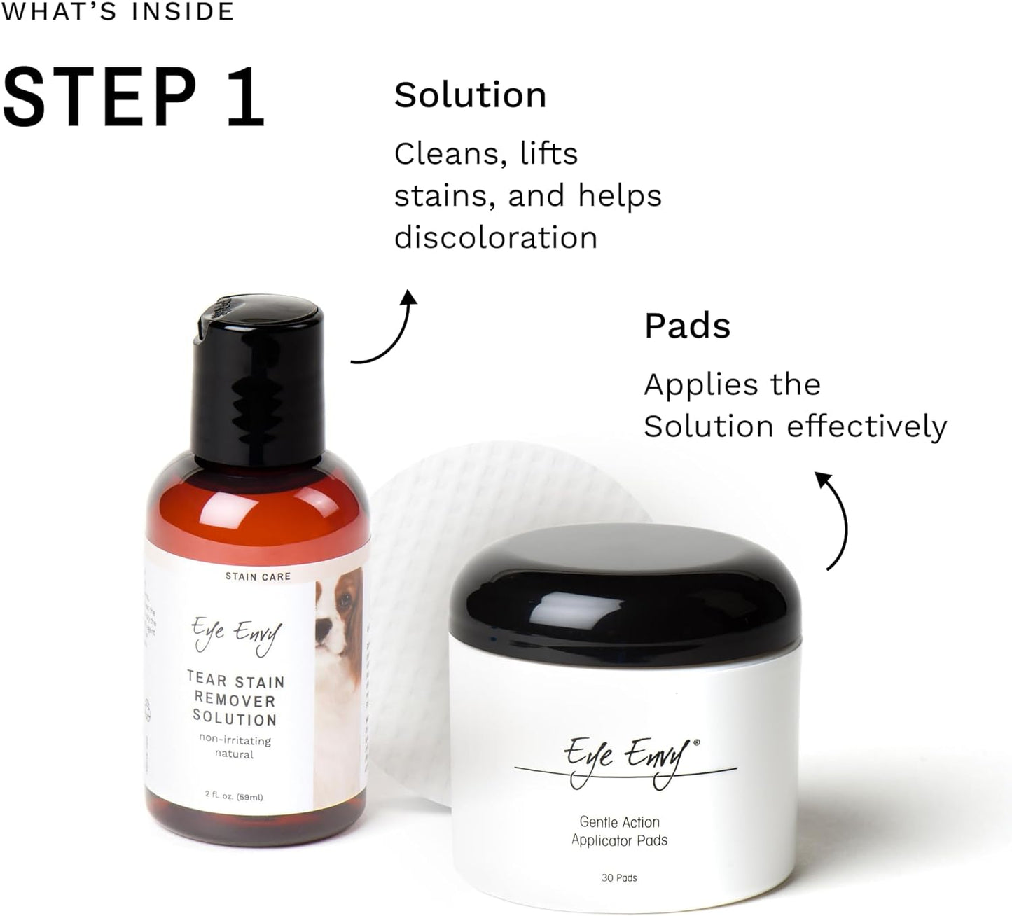 Eye Envy Dog Tear Stain Remover Starter Kit. 100% Natural, Safe. Contains: Stain Solution, Applicator Pads, and Stain Powder. Tear Stain Treatment Kit. Lasts 30-45 Days. Made in USA