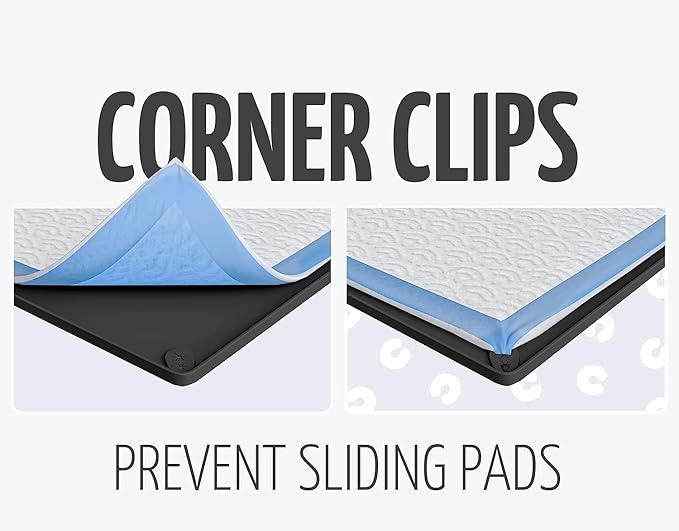 Skywin TidyFriend 3 Pk Pee Pad Holder Tray for 30” x 23” Pee Pads with Corner Lock Holes, Raised Edges, Non-Spill, Easy to Clean Silicone Dog Potty Tray Holder, for Indoor Floor Protection (Black)