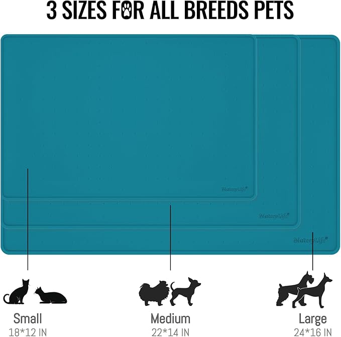 MateeyLife Dog & Cat Food Water Mat for Floors Waterproof, Nonslip Pets Bowl Feeding Mats with Raised Edges, Silicone Matt Tray for Messy Drinkers, 18"x12", Teal