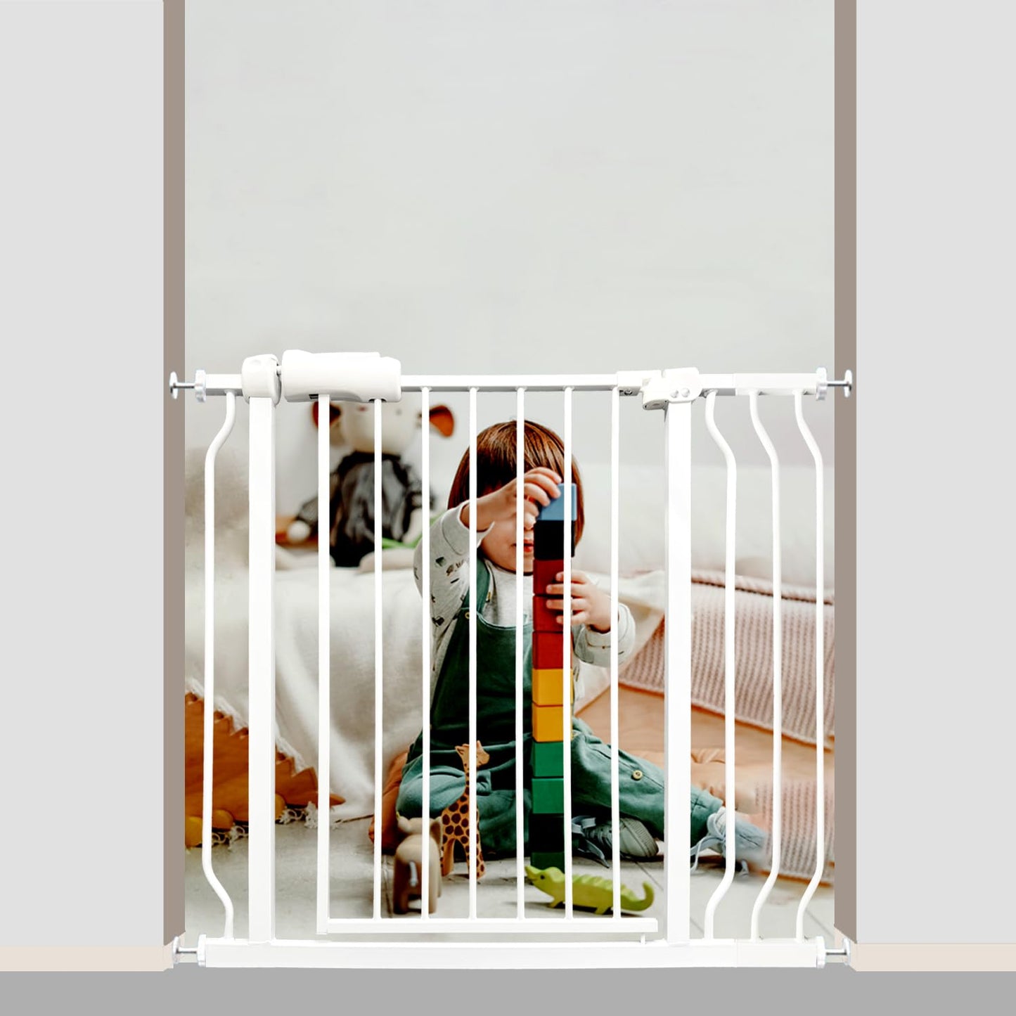 Walk Through Baby & Dog Gate 29-38.5 Inch, Pressure Mounted No Drilling, Adjustable Indoor Safety Gate for Stairs & Doorways - Metal Design for Kids and Pets, White