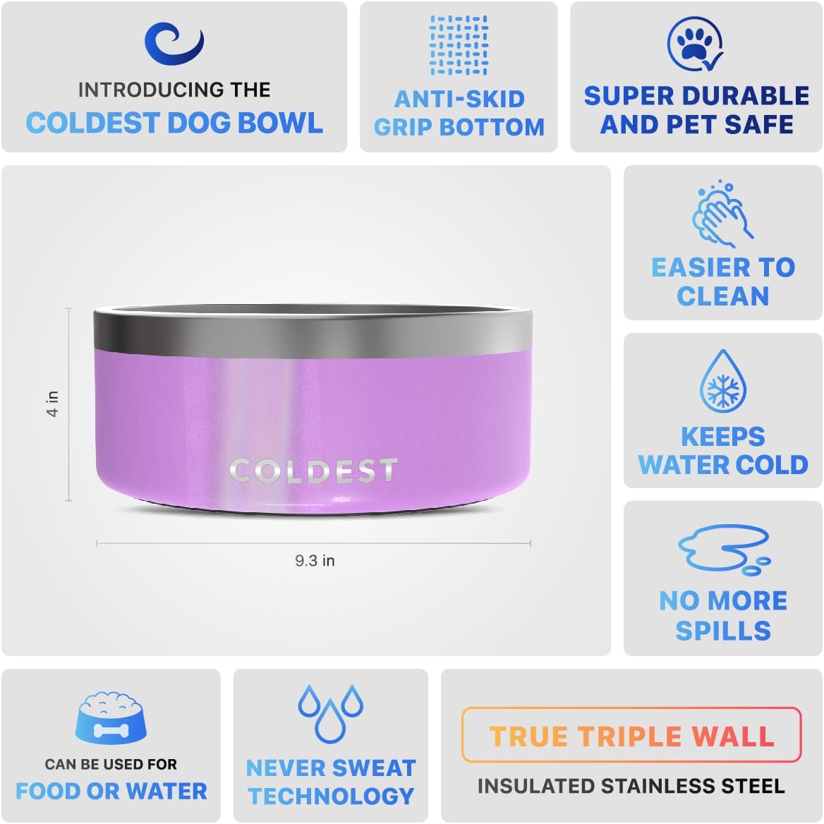 Coldest Dog Bowl - Anti Rust Metal, Non Slip, 3 Layers Insulated Stainless Steel Dog Bowls - Spill Proof & Heavy Duty - Water Bowl for Dogs, Cats, Dish Washer Safe (100 oz, Saturns Purple Glitter)