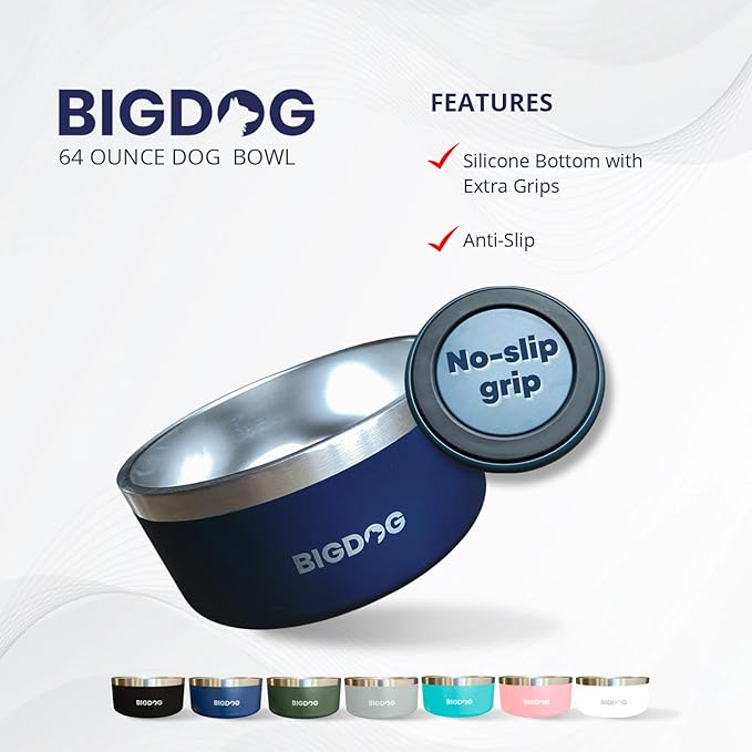 BIGDOG Stainless Steel Dog Bowl, 100 Ounces, Spill Proof, Large Dogs, Light Blue