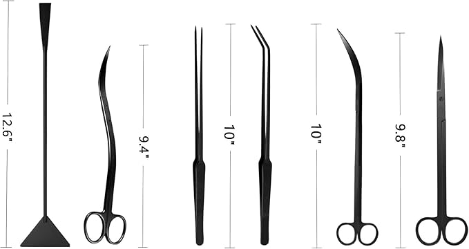 Aquascaping Tools 7 in 1 Kit Aquarium Plant Scissors Tools Set Curved & Waved Scissor Tweezers Spatula Stainless Steel Anti Rust Tools for Aquascape Black